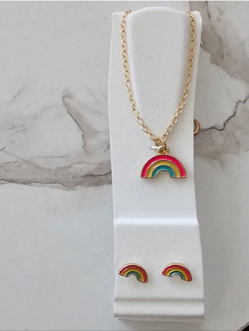 Rainbow Necklace and Stud Earring Set - Gold with Red, Pink, Teal & Green Enamel